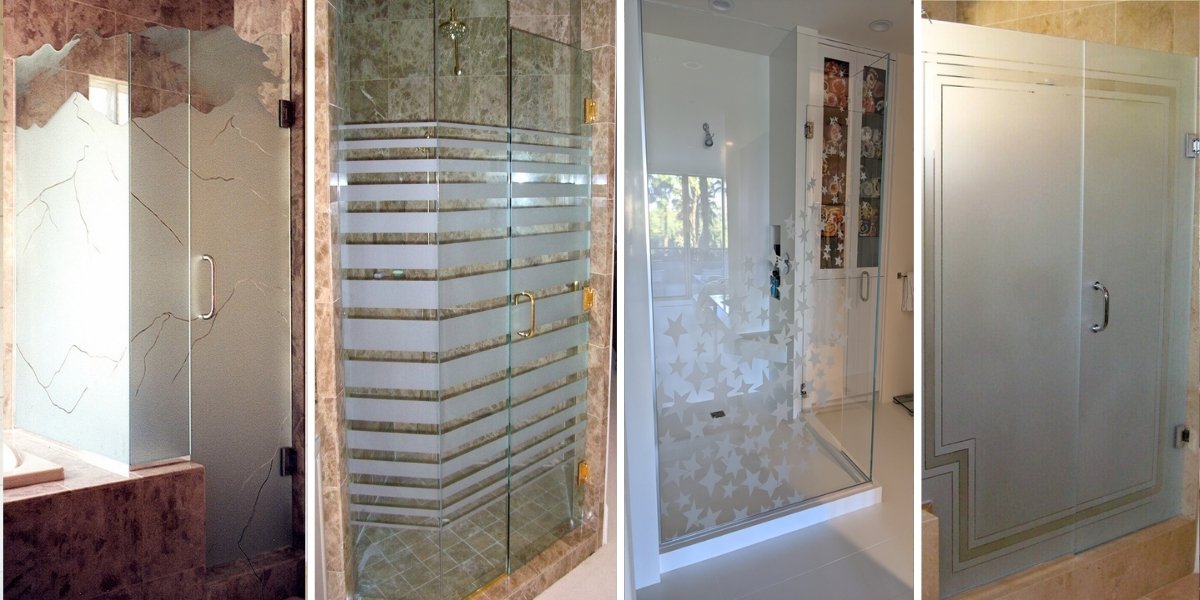 decorative glass shower doors and enclosures with 1D glass etched designs