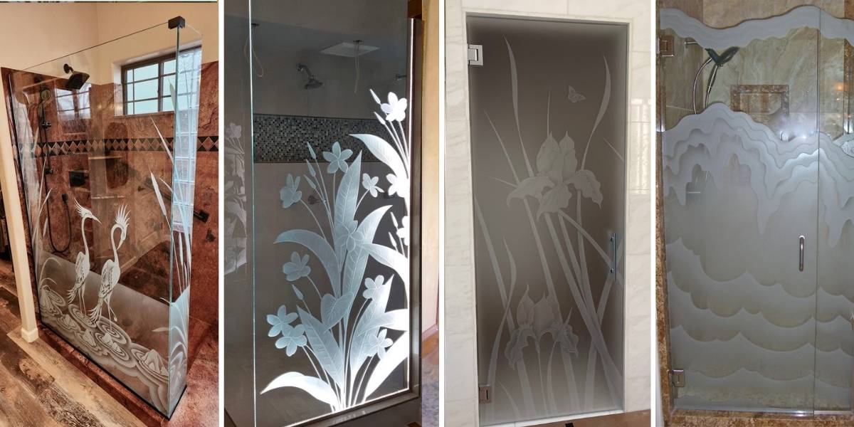 Decorative glass shower collection showcasing custom etched glass shower doors with floral, nature-inspired, and sculpted designs.