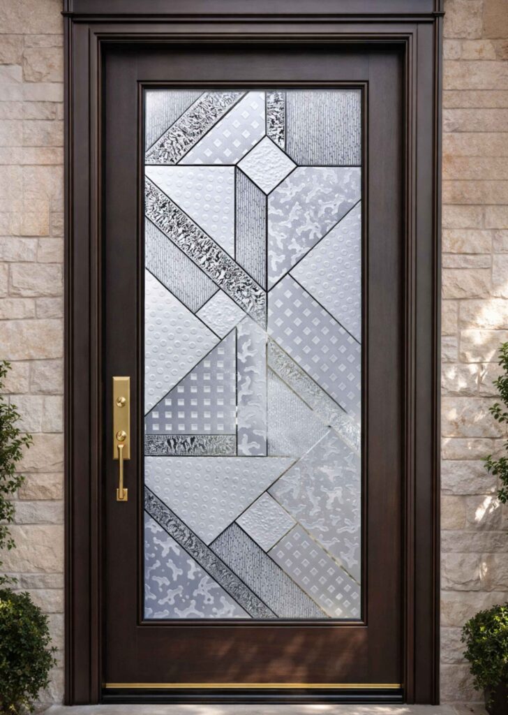 Retro-style glass entry door featuring geometric glass pattern