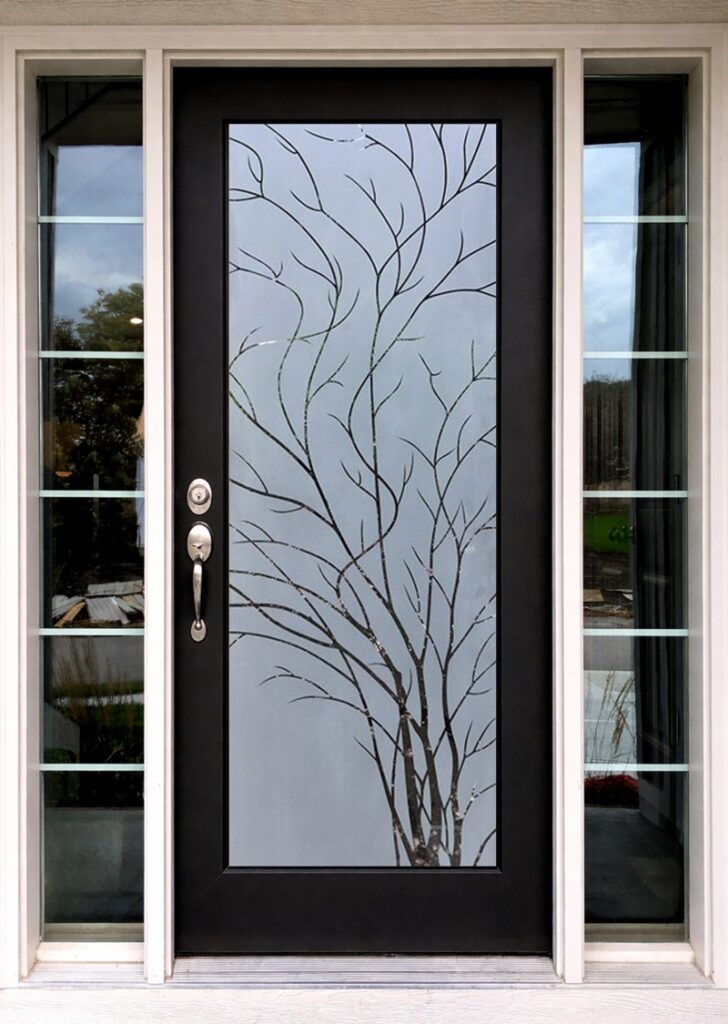 wispy tree 1D neg modern black front door with frosted glass and silver door handle