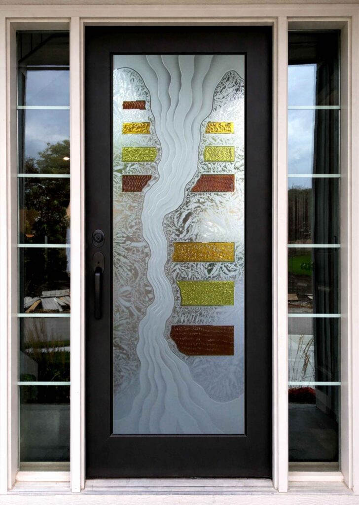 modern black front door with glass and sidelights