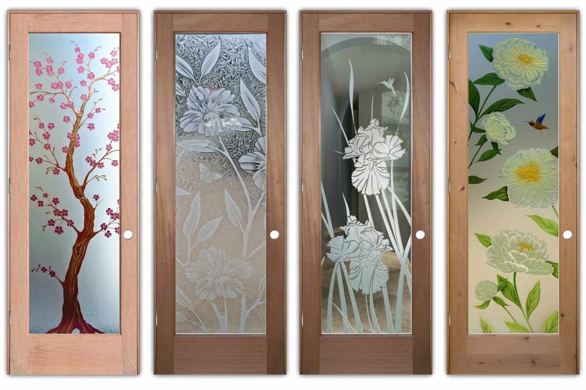 Frosted glass interior doors with etched glass flower patterns