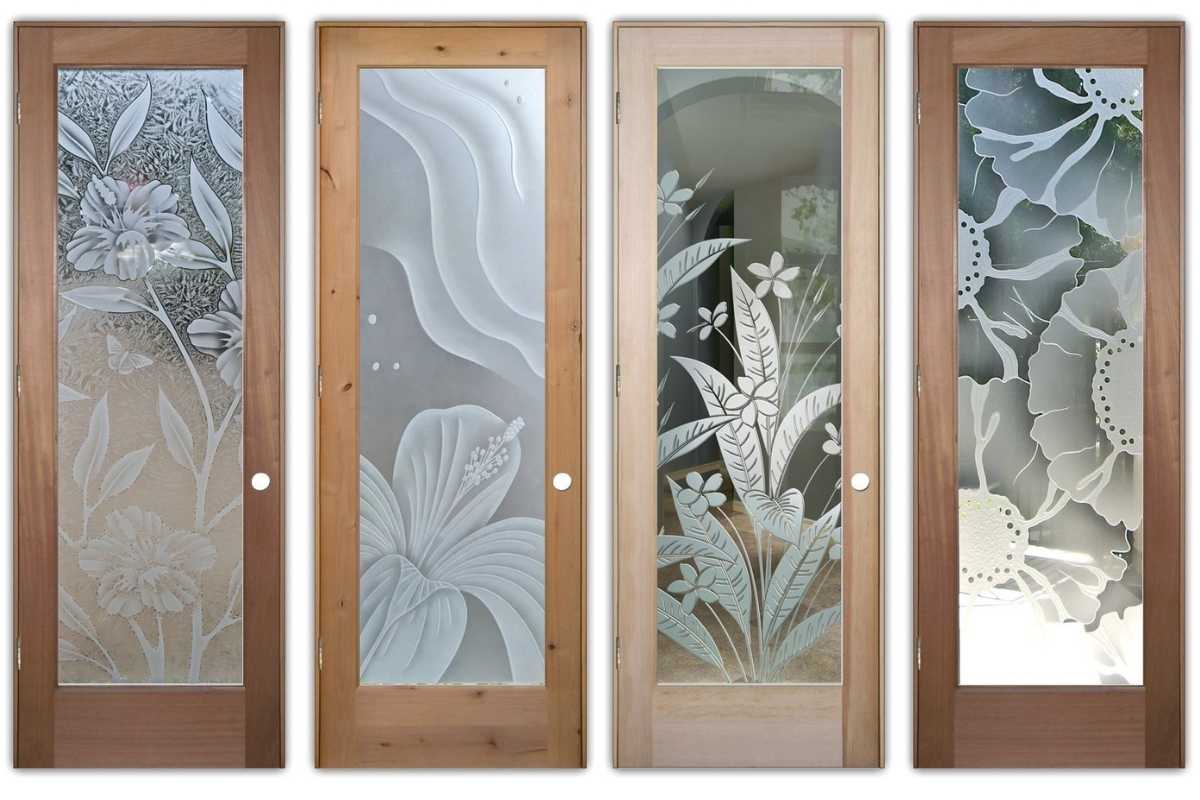 Frosted glass interior glass doors with etched glass flowers perfect for farmhouse kitchens
