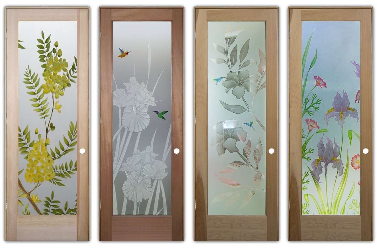 Glass doors with etched glass flowers