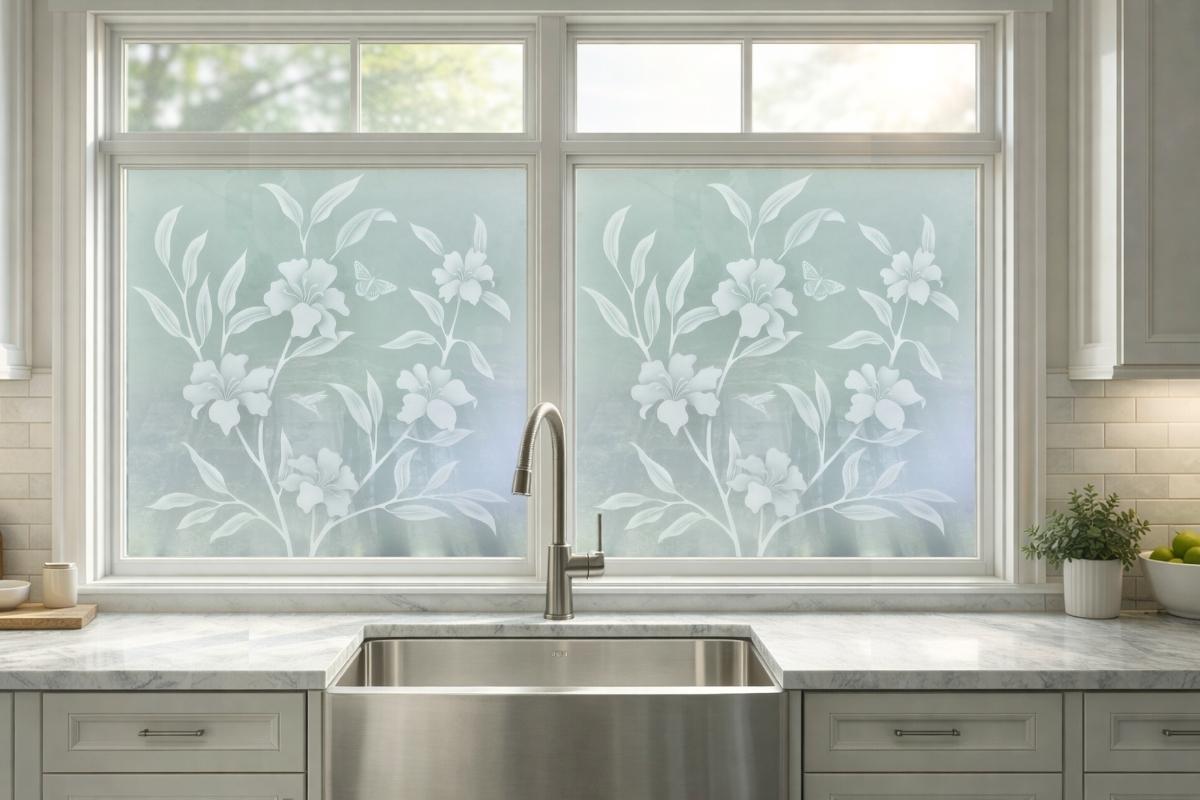 etched glass windows with floral motif