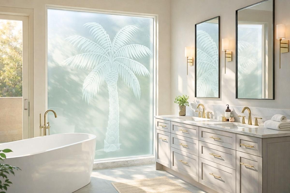 Modern transitional bathroom featuring a palm-etched privacy glass window, with sunlight highlighting the custom frosted glass design.