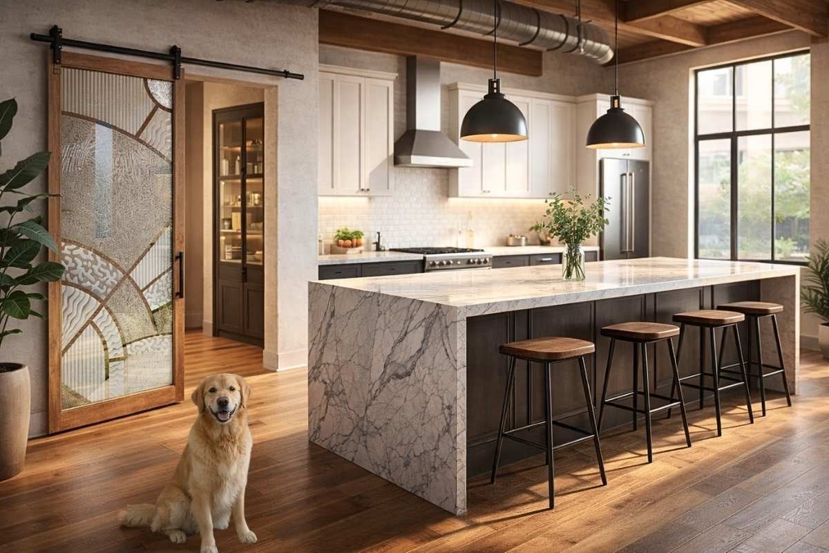 Modern industrial kitchen featuring a marble island and a sliding pantry doo with Matrix Arcs 3D carved glass design, warm wood floors, natural light, plants, and a smiling dog.