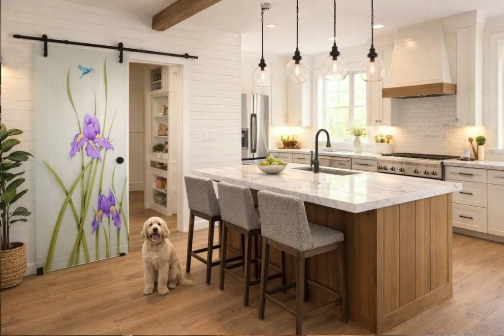 newly installed sliding glass pantry door with frosted glass design in a modern farmhouse kitchen with a cute dog