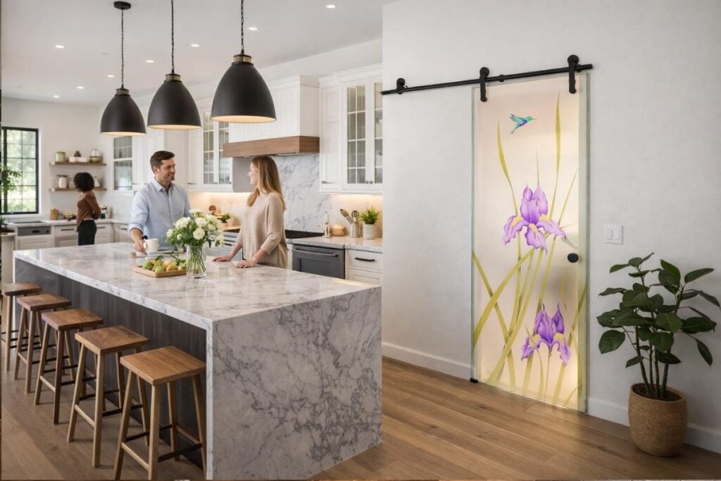 People enjoying a modern farmhouse kitchen with a sliding glass pantry door and etched glass design