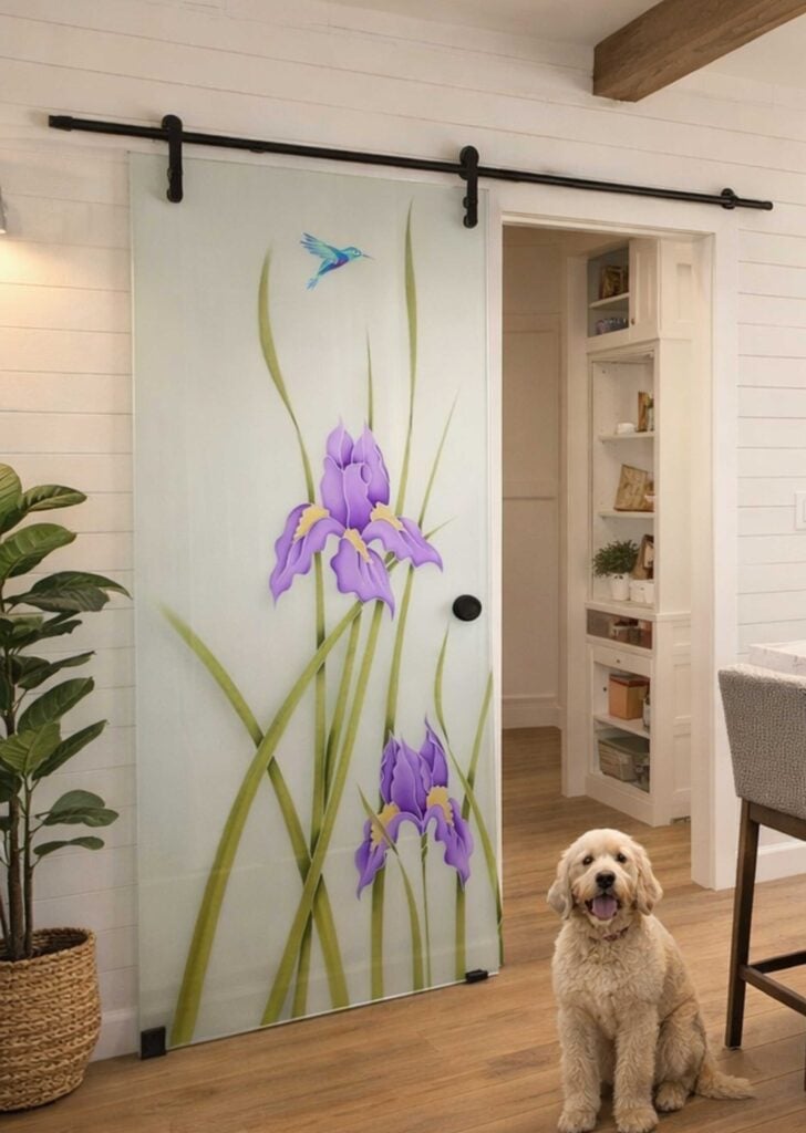 Modern farmhouse kitchen with sliding glass barn pantry door, etched iris hummingbird glass, and a dog