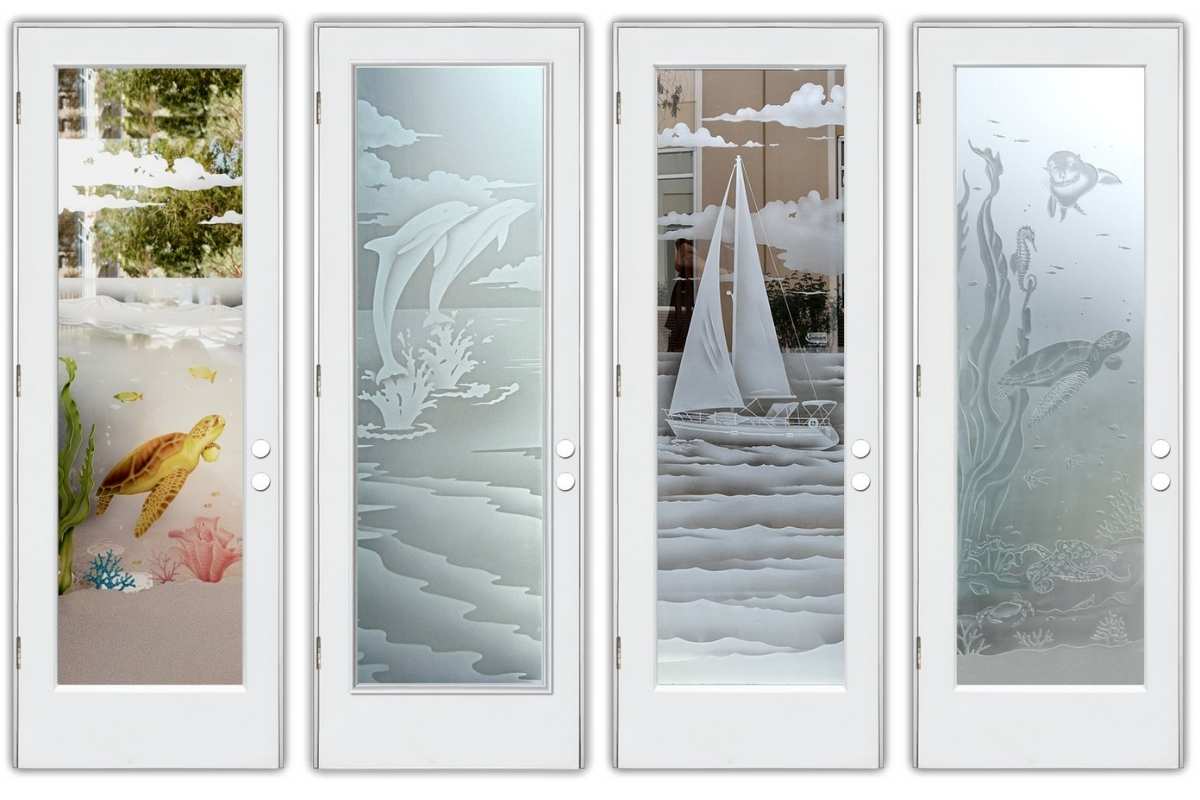 Decorative glass exterior doors with an ocean-inspired motif
