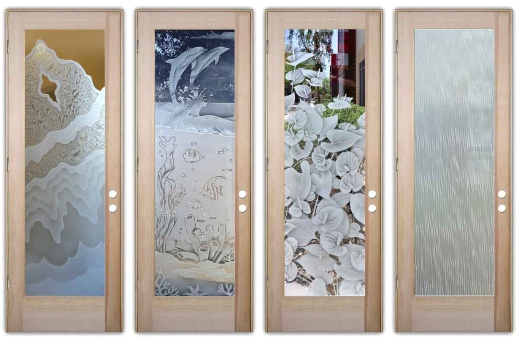 Collection of frosted glass front doors with unique patterns, motifs, and finishes. Artisan glass front doors with hand-etched frosted details, offering privacy levels for modern homes.