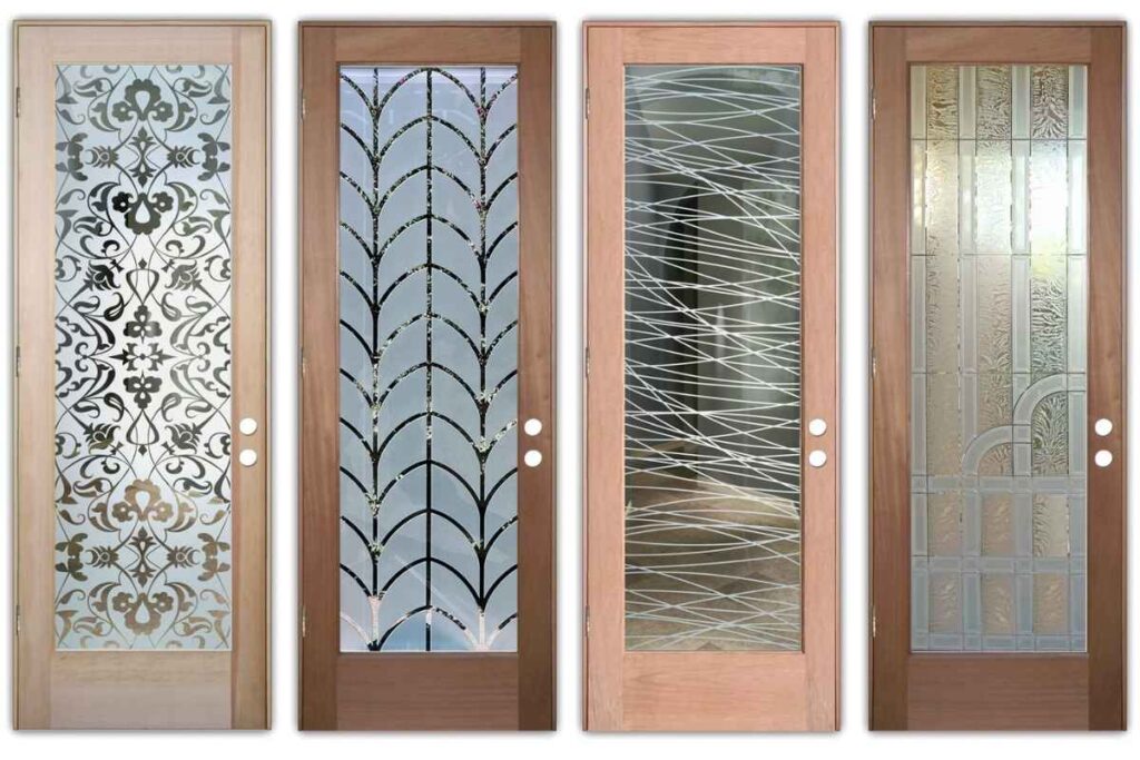 Beautiful frosted glass front doors with stunning glass door designs.