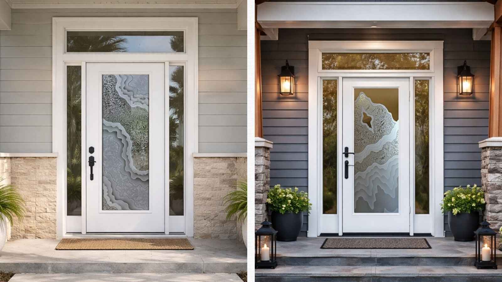 Modern white front doors with glass and privacy, fiberglass front doors Sans Soucie Art Glass