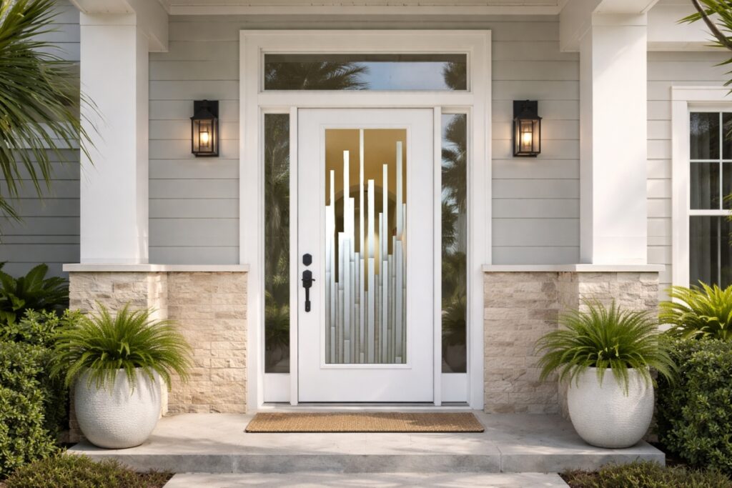 Modern white front door with frosted glass featuring a vertical geometric design, styled in a bright contemporary coastal exterior