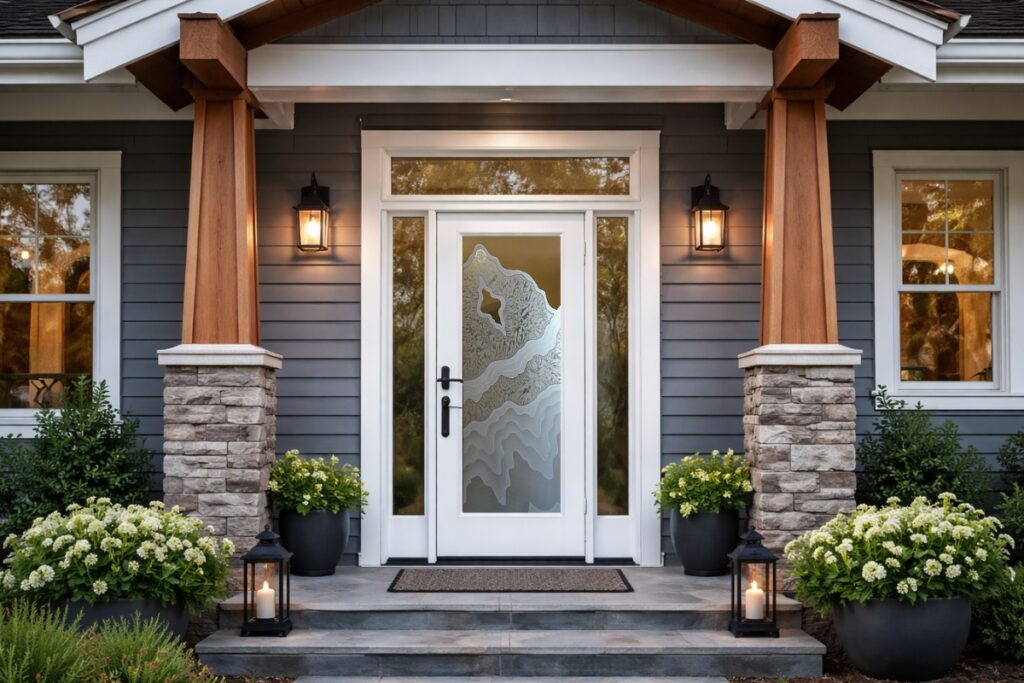 Craftsman-style front door with frosted carved glass design and sidelights creating a warm, welcoming entry