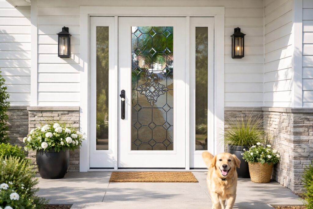 Beautiful beveled glass door with sidelights and a golden retriever