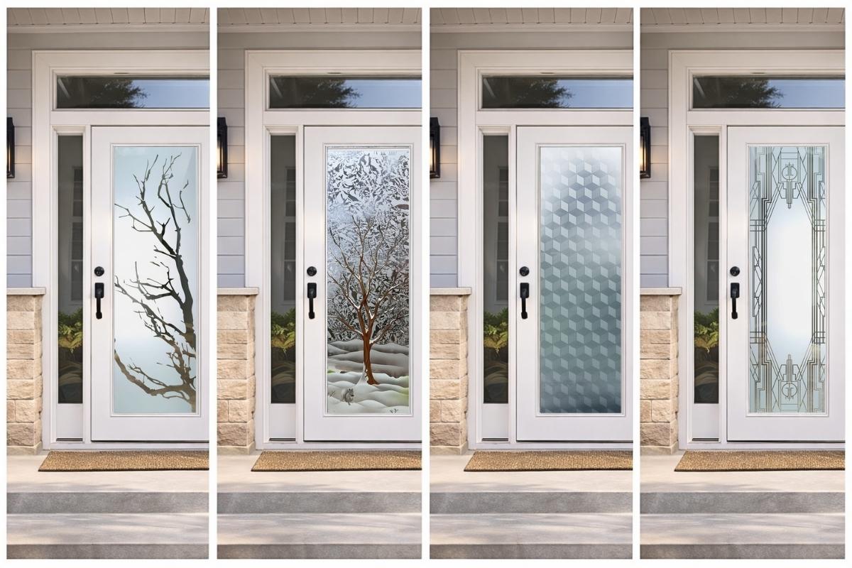 Modern white front doors with glass and privacy - Sans Soucie Art Glass