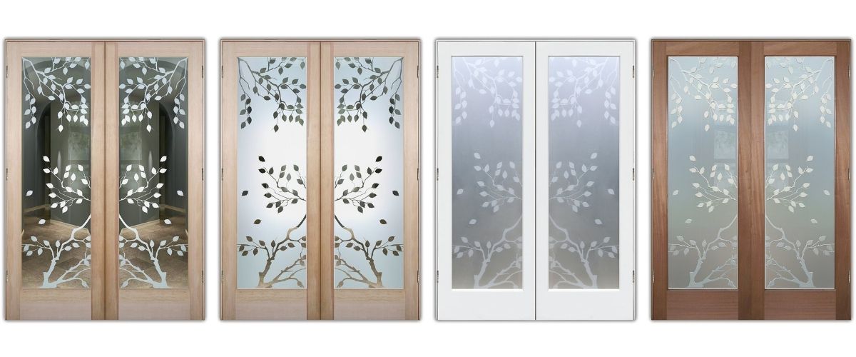 French doors with etched cherry tree design in various wood frames and privacy options