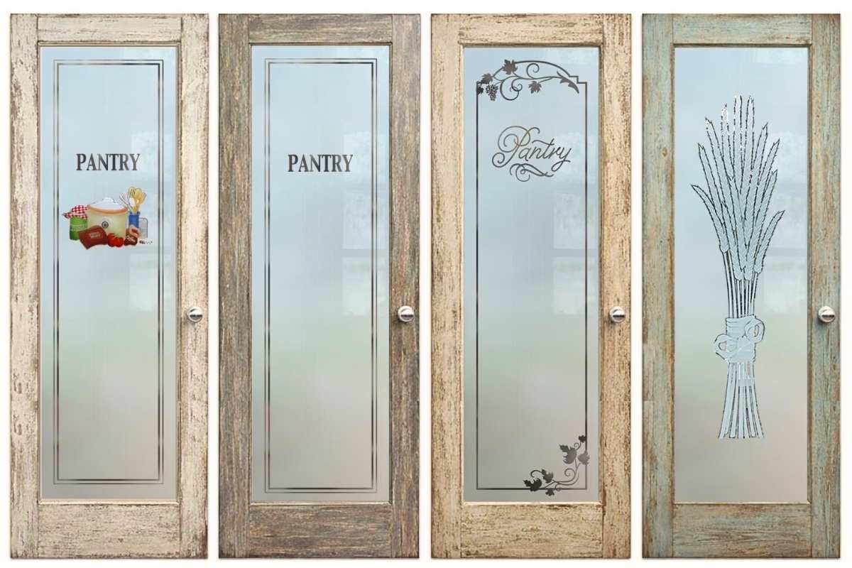 Vintage pantry doors with distressed wood frames and frosted glass inserts featuring classic pantry designs