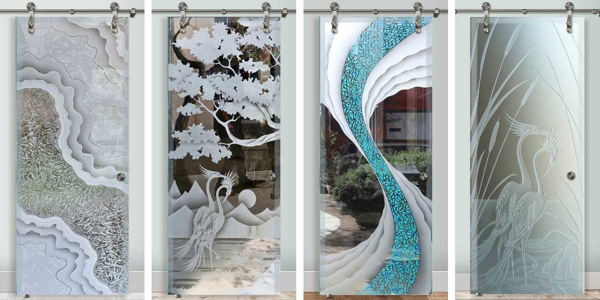 Interior glass barn doors collection by Sans Soucie Art Glass, each with an intricate handcrafted etched design