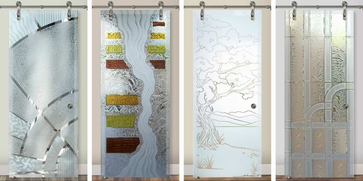 Contemporary decorative barn style doors with frosted glass designs