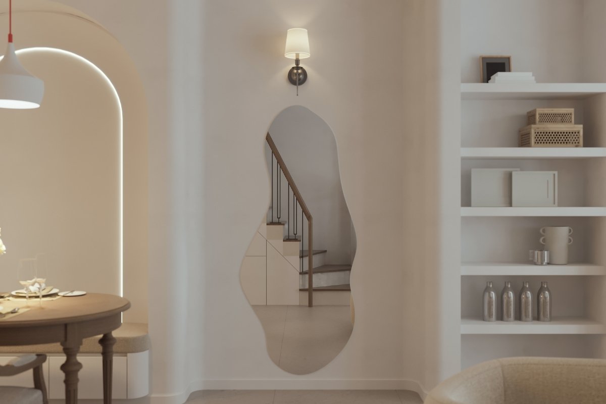 Modern interior with unique curved mirror and minimalist decor