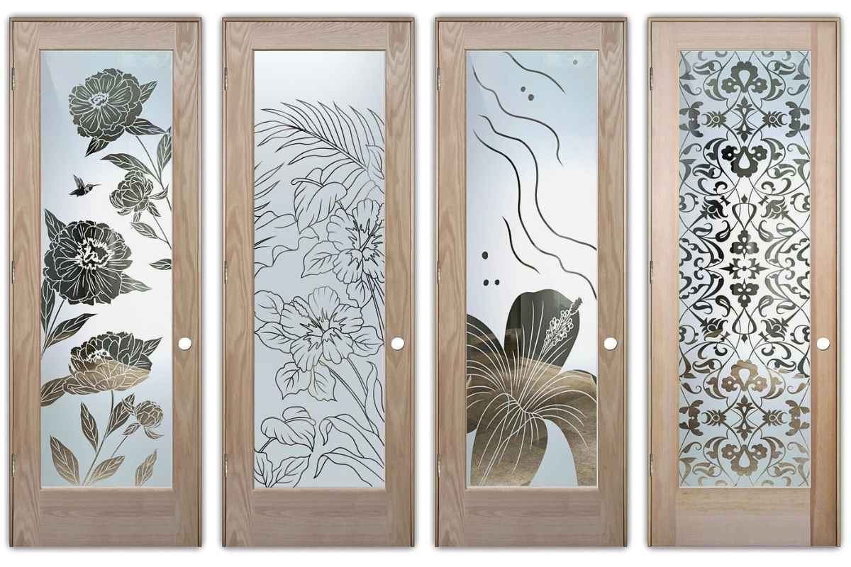 Frosted glass pantry doors with etched floral patterns