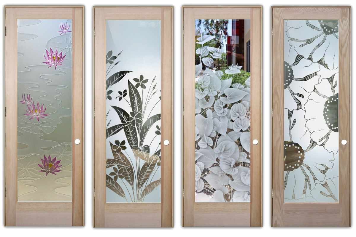 Frosted glass door with floral decoration