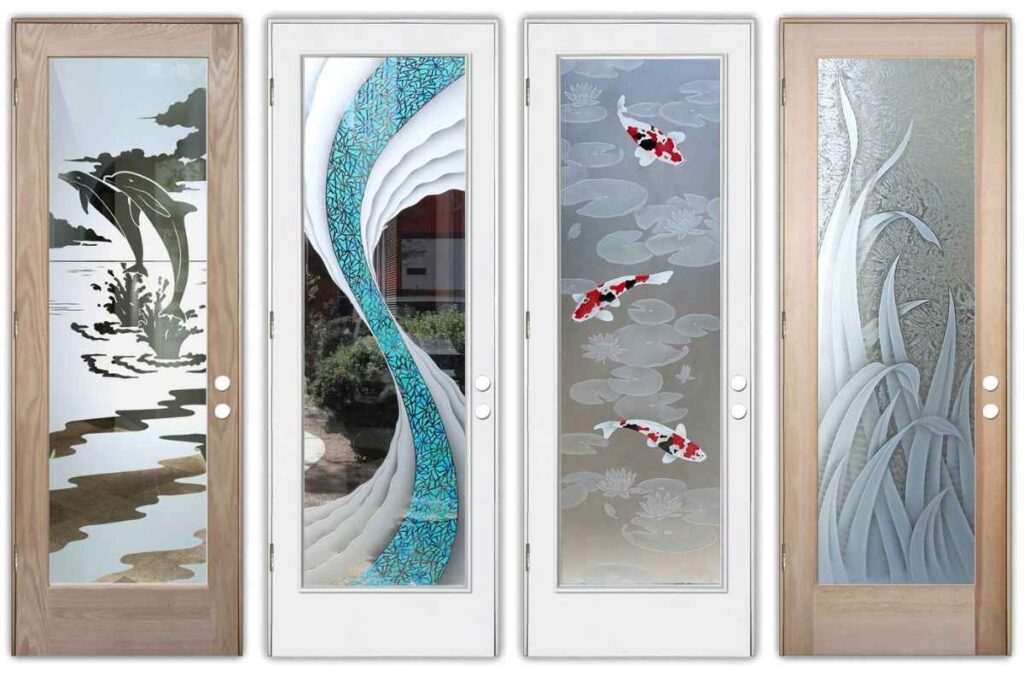 Decorative frosted glass front doors for desert, coastal, or sunny climates