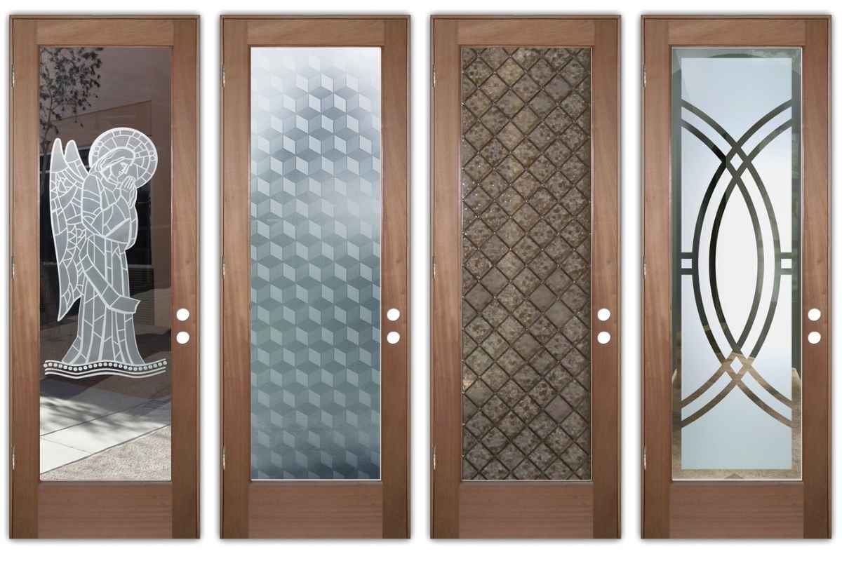 Front doors with decorative and patterned glass