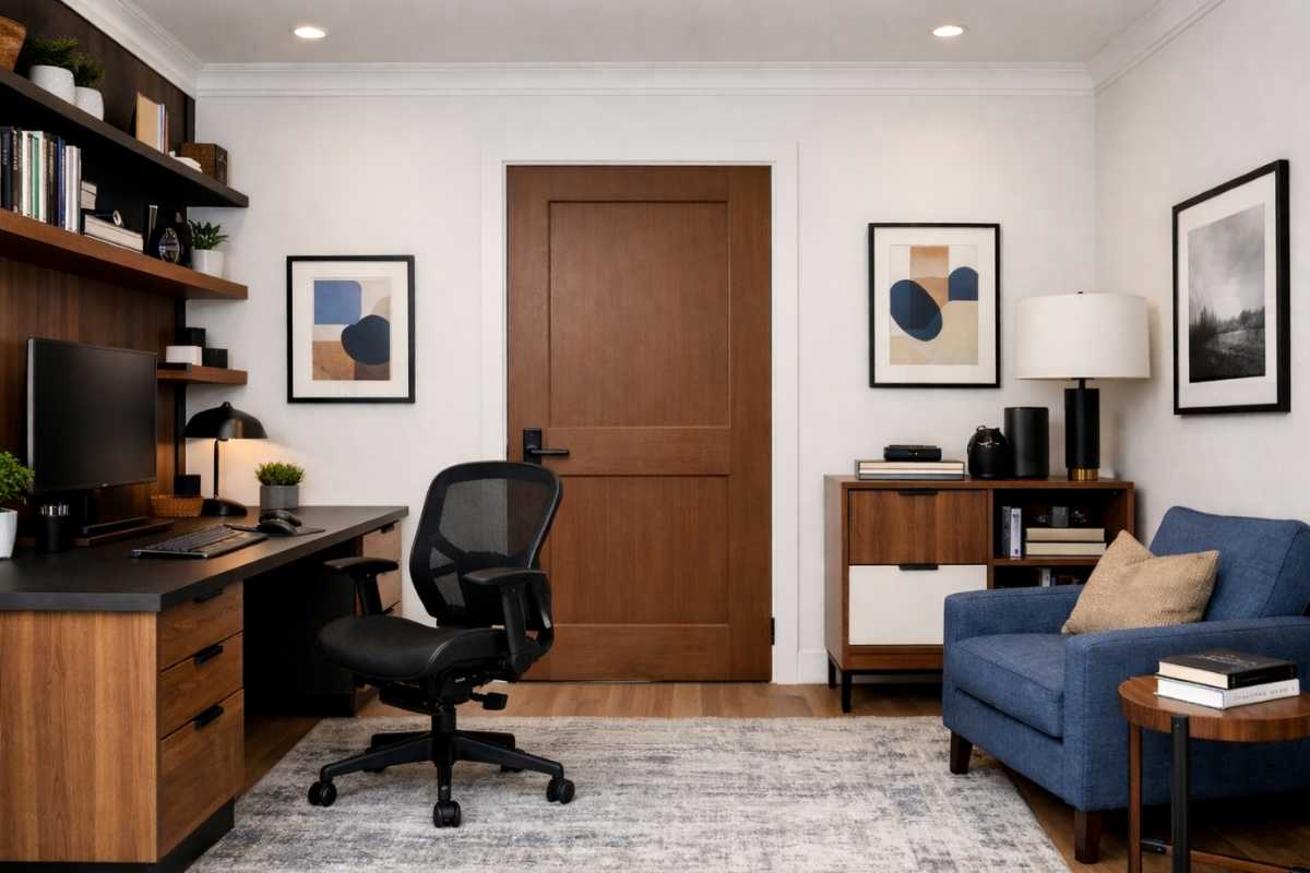 Modern home office with solid wood interior door, desk, and seating area