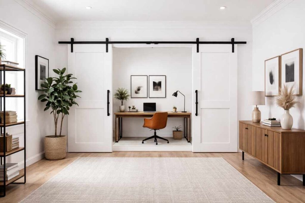 White sliding barn door pair opening to home office workspace, modern interior office barn doors