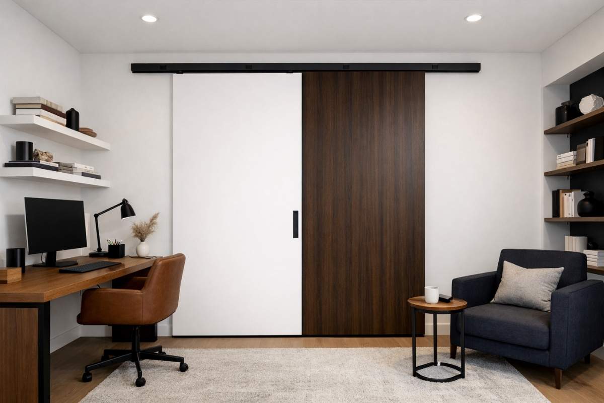 Home office with top-hung suspended door glide on an upper track with no floor rail