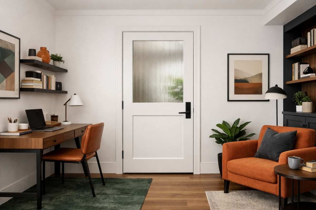 White home office with a wooden desk and orange chair, featuring a white interior door with a reeded glass panel that lets in soft light