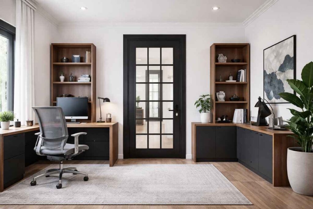 Contemporary home office with wood desks, built-in shelving, and a black-framed interior door with multiple glass panes separating the office from the rest of the home.