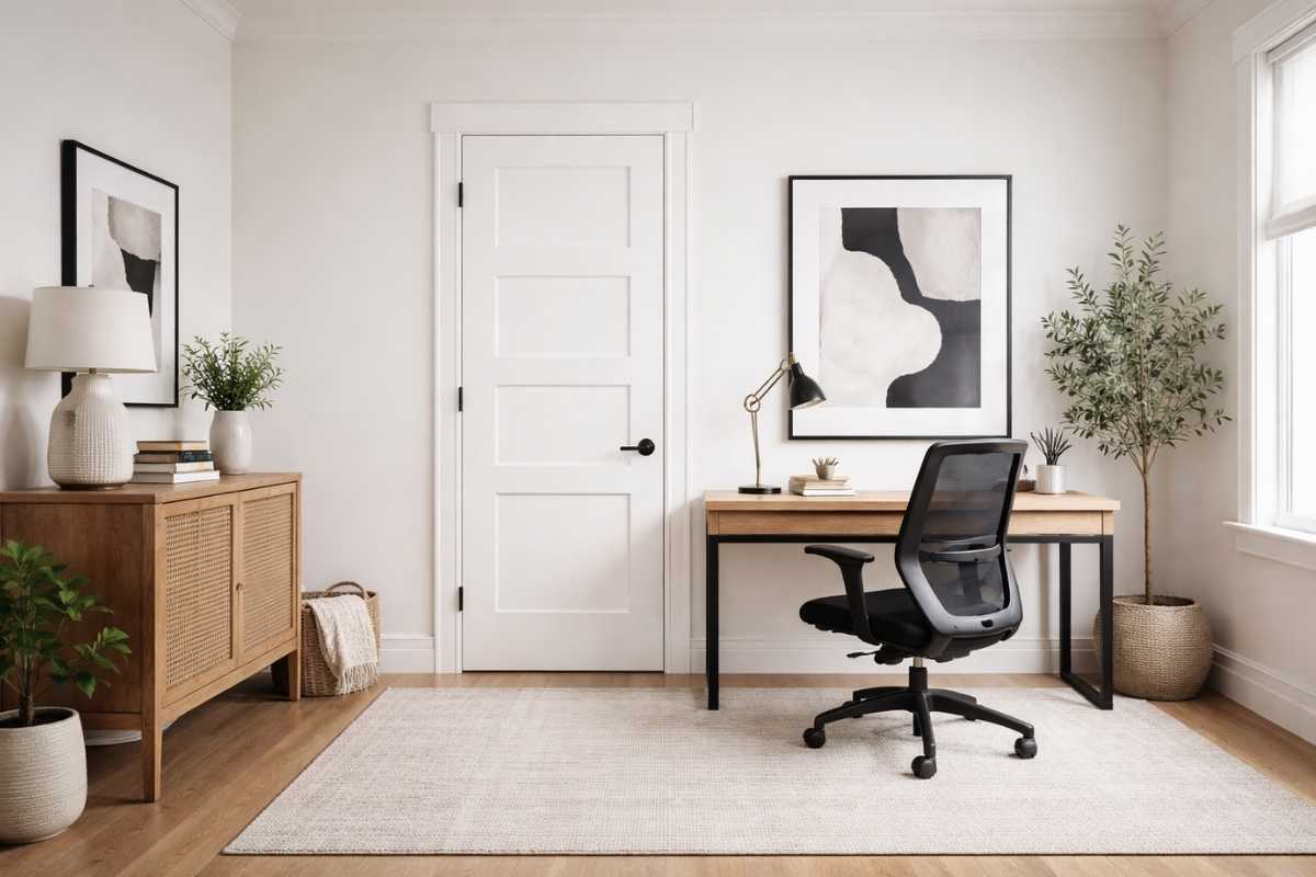 Home office featuring a shaker-style interior door and minimalist workspace