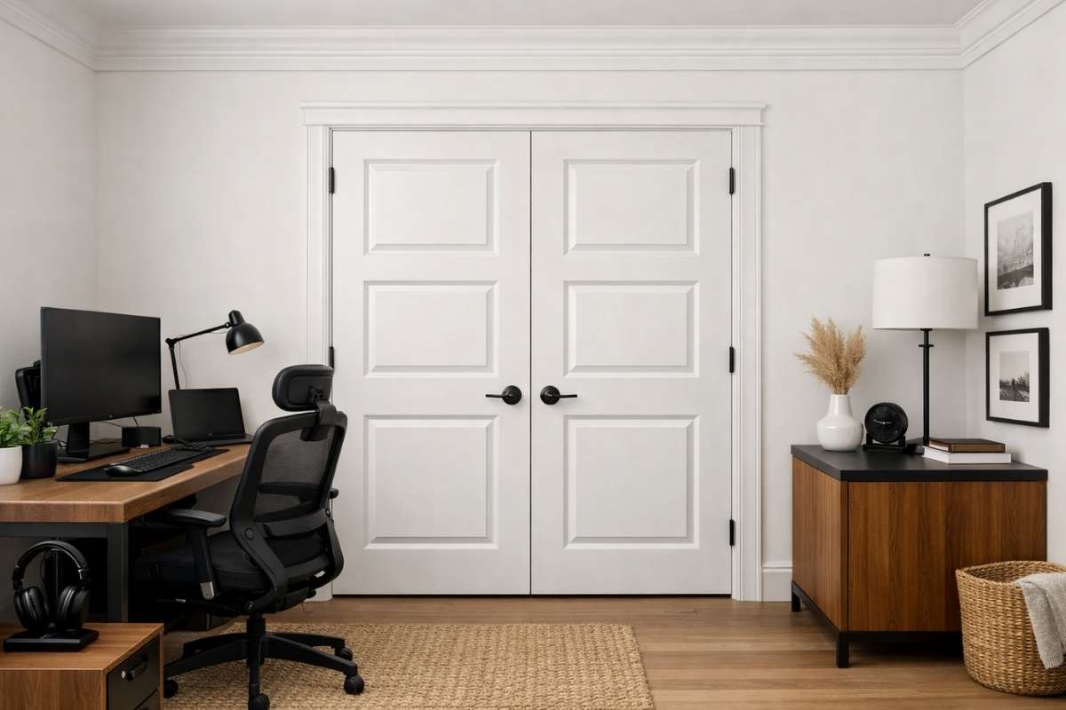 Home office with white double solid-core doors and ergonomic desk setup