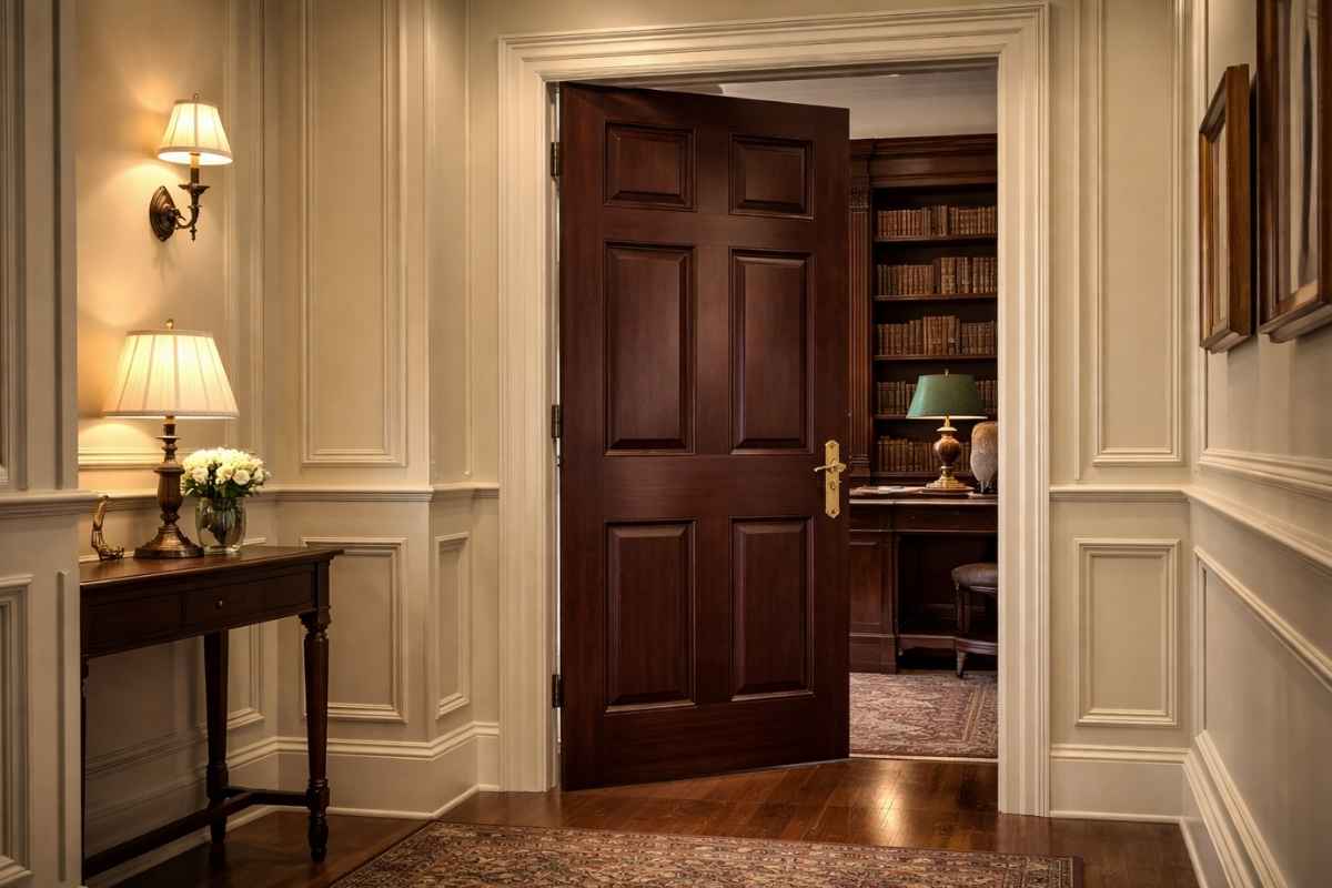Traditional solid wood interior door opening into a formal home office library