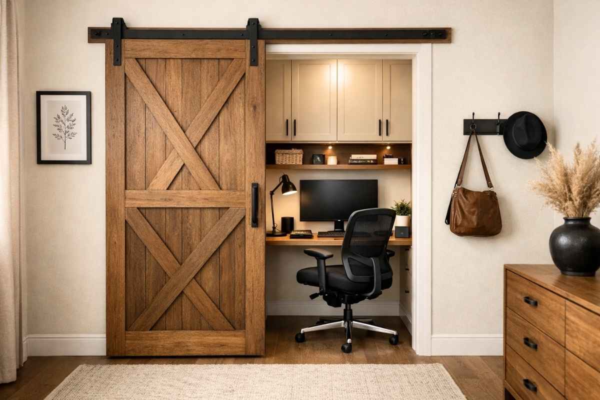 Wood sliding barn door opening to a small home office workspace