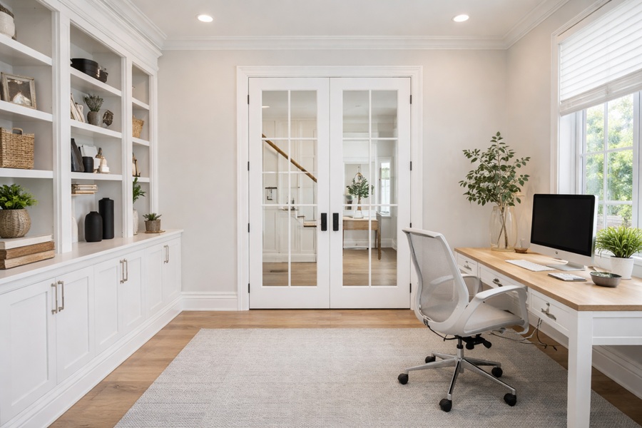 White double French doors opening into a bright home office with built-in shelves, a desk, and an ergonomic chair