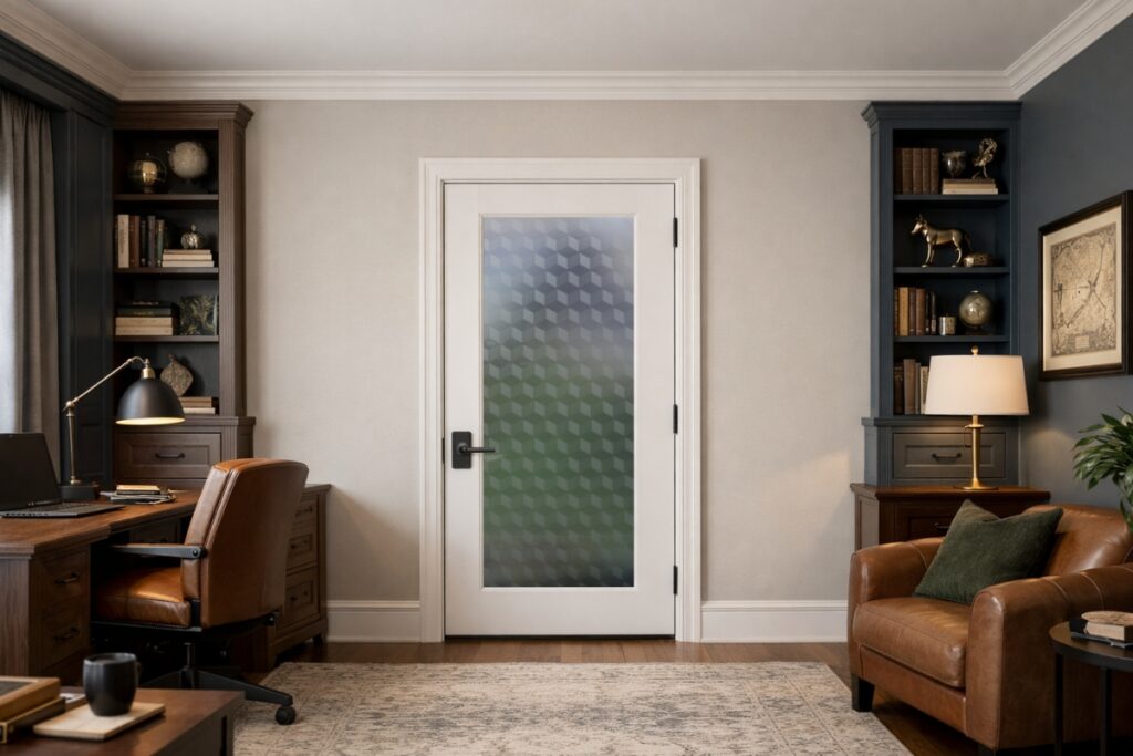 Home office with private frosted glass interior door and built-in shelving