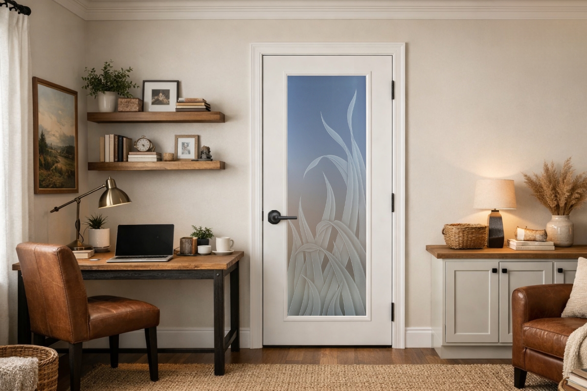 Home office interior door with decorative frosted glass featuring a flowing Reeds etched design
