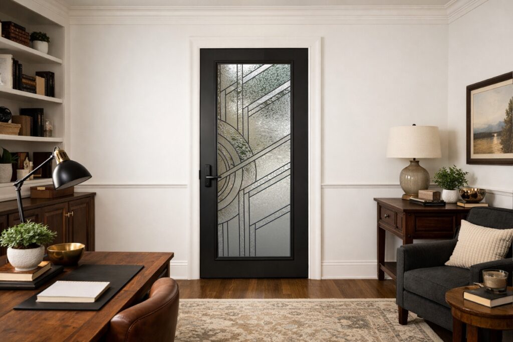 Stained glass interior door used as a textured glass interior door in a traditional home office