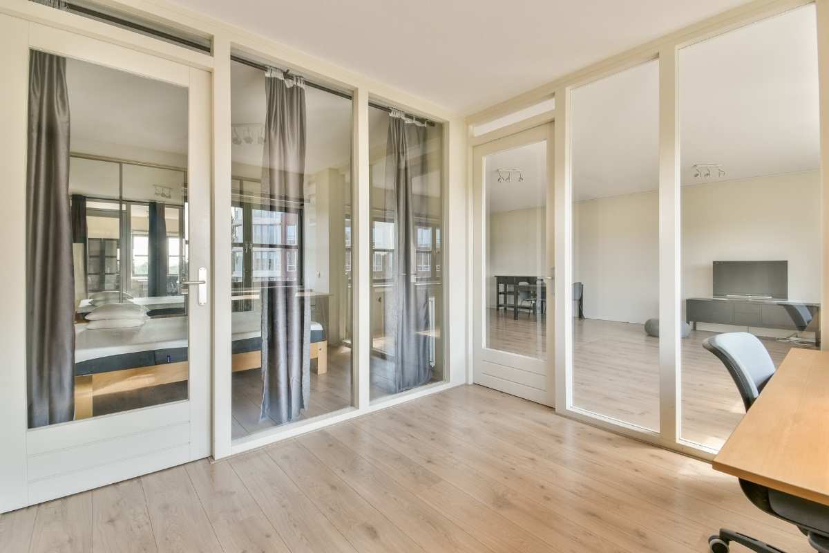 Home office partition and clear glass doors