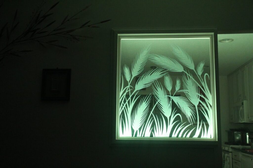Wheat 3D carved and shaded glass illuminated at night