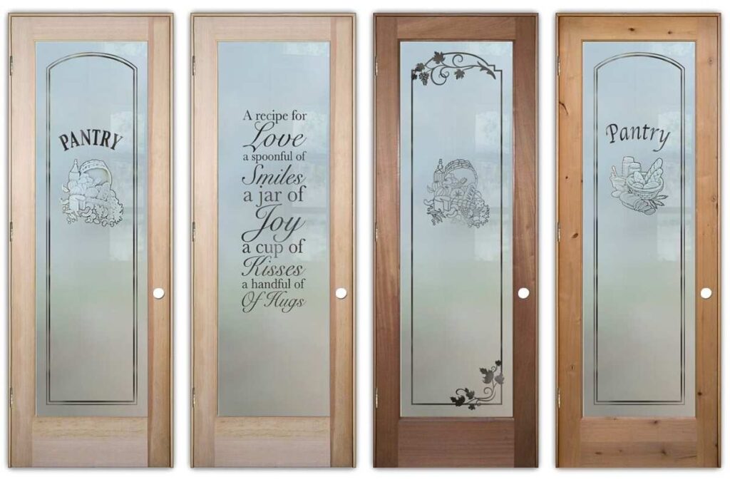 Frosted glass pantry doors with decorative pantry lettering and kitchen-themed etched designs in unfinished natural wood prehung doors ready for painting