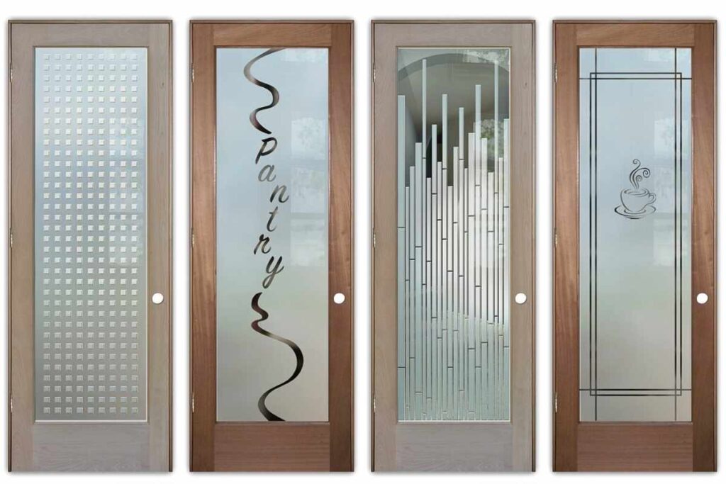 Frosted glass pantry doors with modern etched designs in unfinished natural wood prehung door frames, ideal for custom painted pantry doors