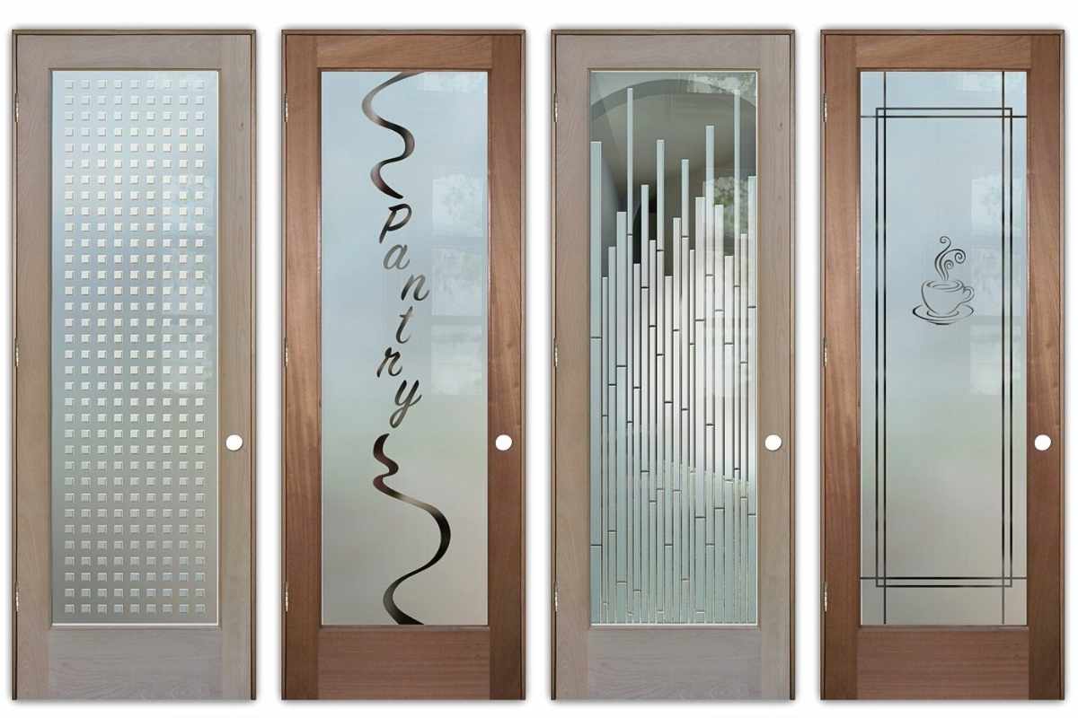 Frosted glass pantry doors with modern etched designs in unfinished natural wood prehung door frames, ideal for custom painted pantry doors
