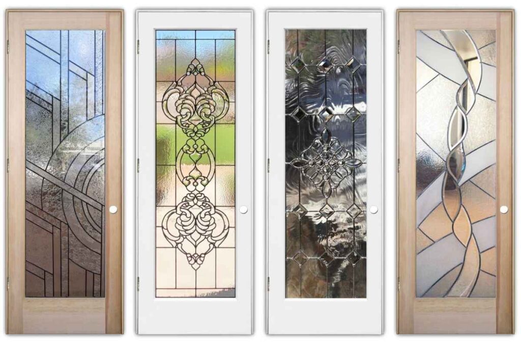 Four doors with mixed materials and decorative beveled glass panels: geometric, stained-glass, wavy, and abstract designs